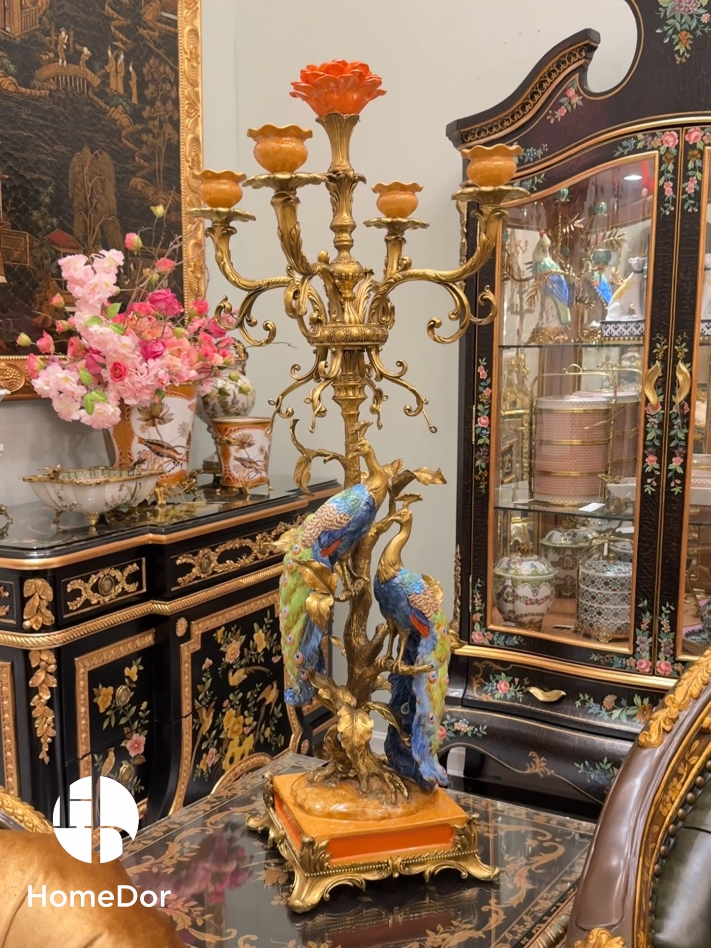 Artistic Ceramics Peacock Brass Candle Holder featuring brass carving and European palace style details. Perfect for luxury home decor, classical living rooms, and villa interiors.