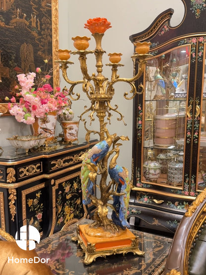 Artistic Ceramics Peacock Brass Candle Holder featuring brass carving and European palace style details. Perfect for luxury home decor, classical living rooms, and villa interiors.