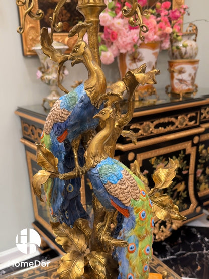 Artistic Ceramics Peacock Brass Candle Holder featuring brass carving and European palace style details. Perfect for luxury home decor, classical living rooms, and villa interiors.