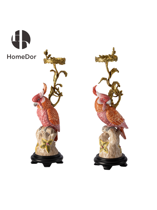 HomeDor Pink Cockatoo Gilded Branch Candle Holders