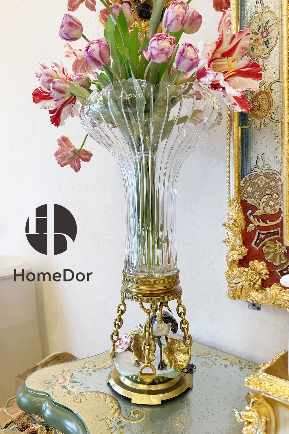 HomeDor × FH&Home | Prague Collection Ornate Crystal Fluted Vase with Brass Bird and Vine Base