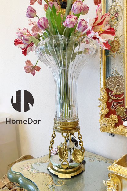 HomeDor × FH&Home | Prague Collection Ornate Crystal Fluted Vase with Brass Bird and Vine Base