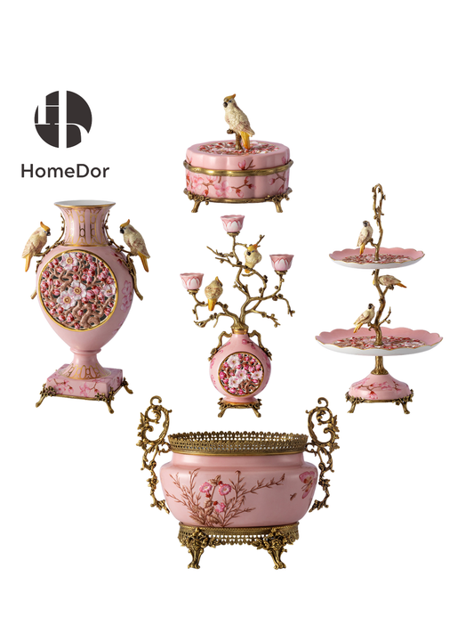 HomeDor Romantic Blush Peach Blossom Bird Porcelain Set