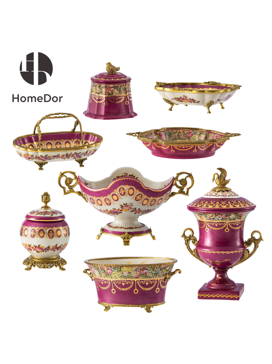 HomeDor Romantic Magenta Garden Floral Porcelain Decor Set