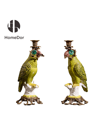 Juego de candelabros decorativos HomeDor con diseño de loro verde vibrante tropical