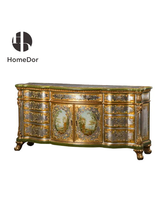 HomeDor Vintage European Pastoral Scenic Painted Console Cabinet