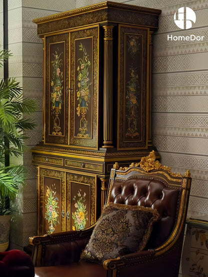 HomeDor Vintage Hand Paint Flower Motif Storage Cabinet