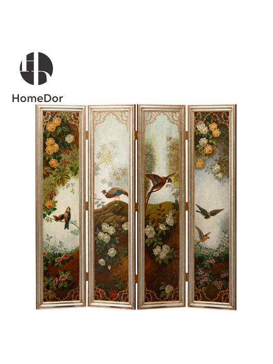 HomeDor Vintage Ornate Oil-Painting Bird & Floral 4-Panel Room Divider