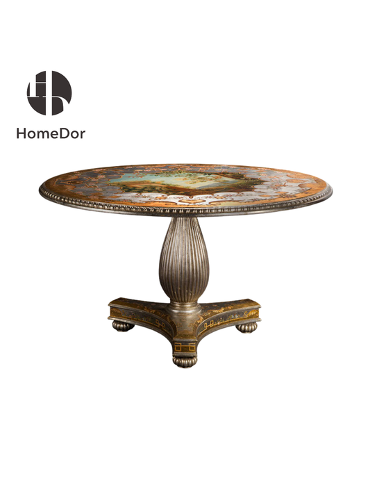 HomeDor Vintage Pastoral Scenic Painted Round Tripod Dining Table