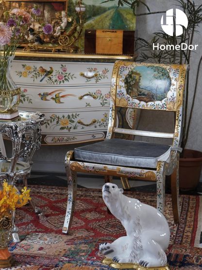 HomeDor Vintage Pastoral Scenic Painted Upholstered Dining Chair