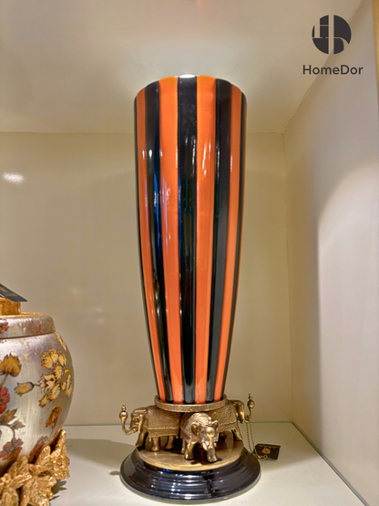 HomeDor Vintage Striped Orange Black Vase with Elephant Base