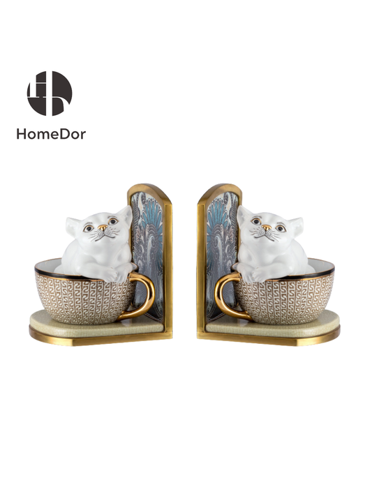 HomeDor Whimsical Tea Party Kitten Bookend