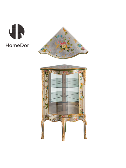 HomeDor Silver Foil Painted Triangular Glass Corner Display Cabinet