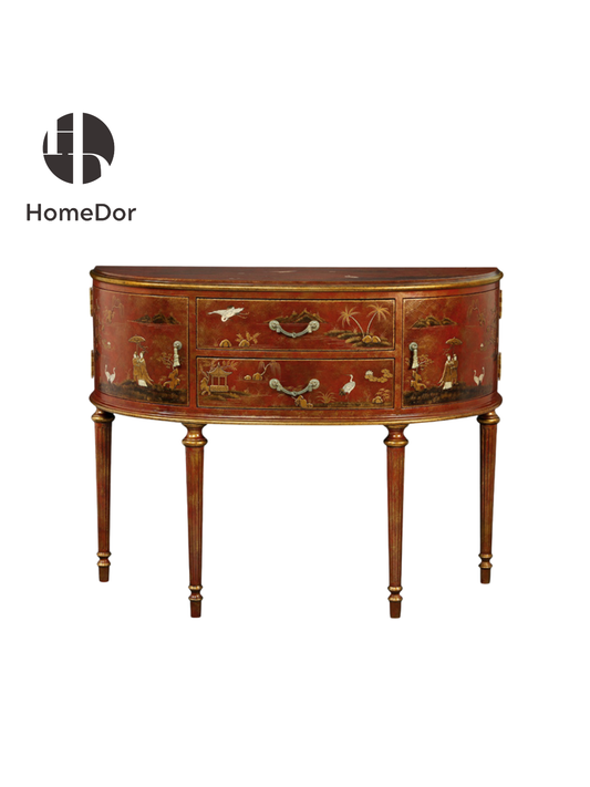 HomeDor × FH&Home | Chinoiserie Coral Red Series Mid-Vintage Crackle Painted Side Cabinet