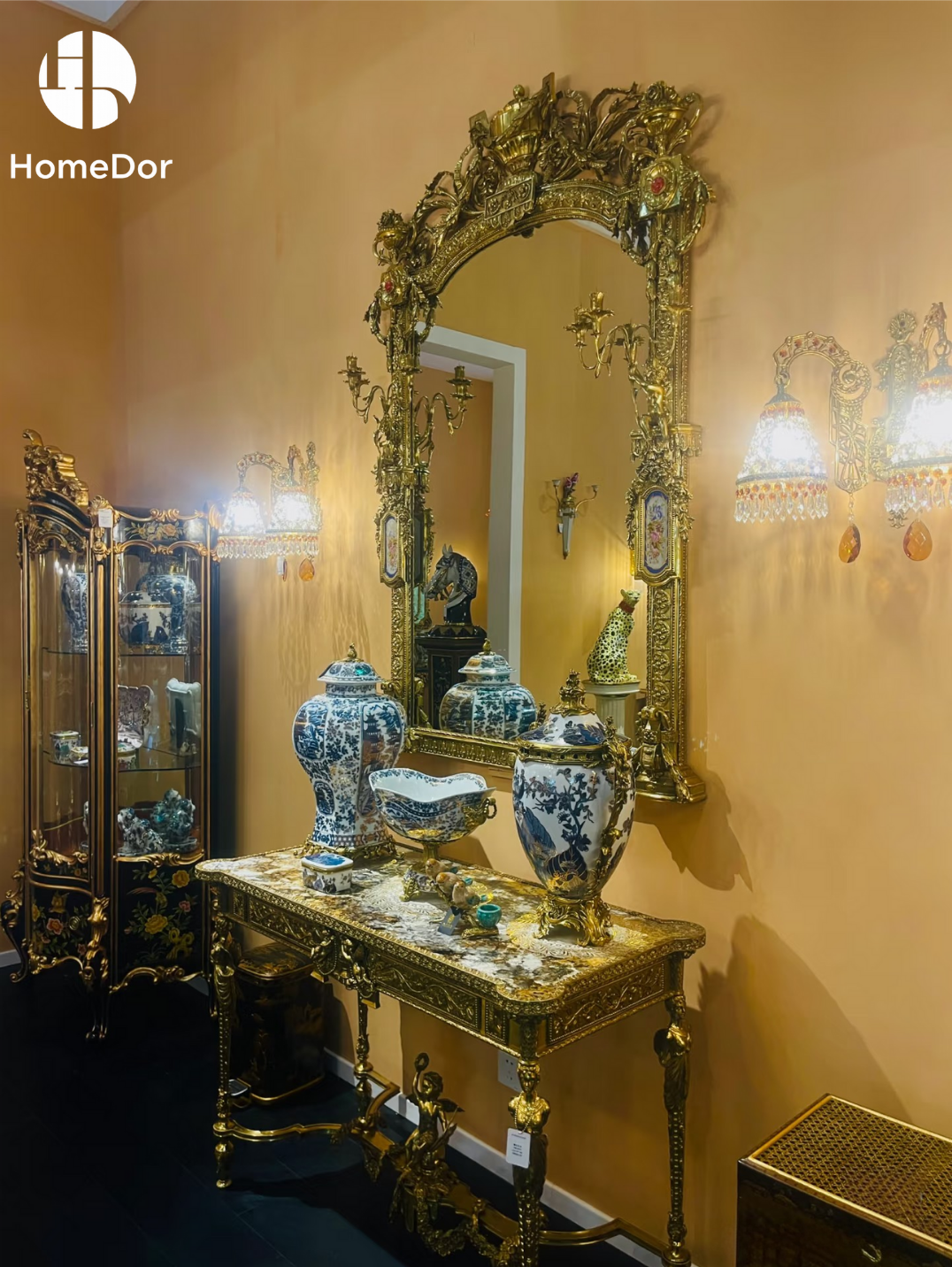 HomeDor × FH&Home | Luxury Rococo Design Brass Accent Entry Mirror