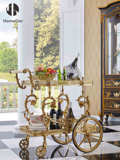 HomeDor × FH&Home | Ornate Brass Serving Trolley with Floral Ceramic Panels