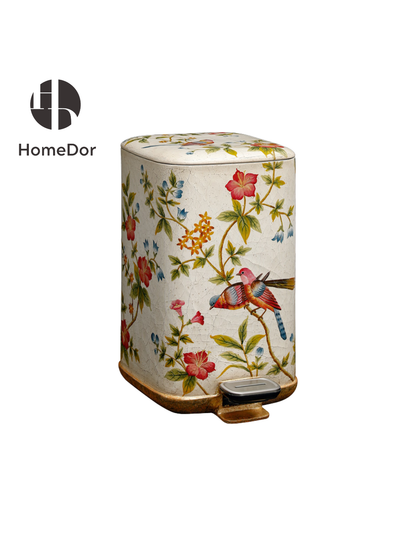 HomeDor Crackle Texture White Base Bird & Blossom Accent Trash Bin