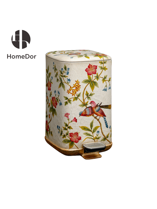 HomeDor × FH&Home | Crackle Texture White Base Bird & Blossom Accent Trash Bin