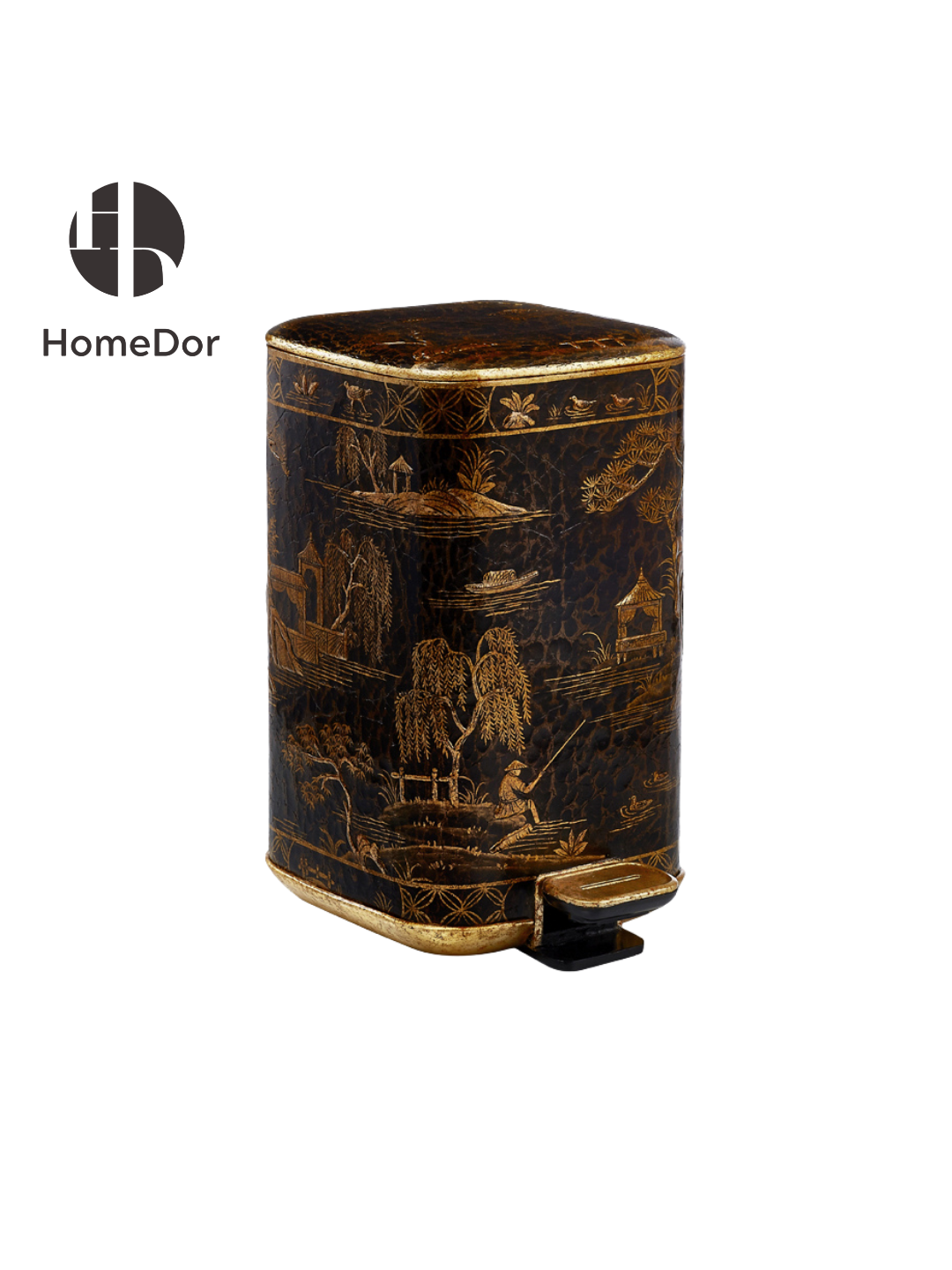 HomeDor × FH&Home | Chinoiserie Black & Gold Crackle Texture Landscape Accent Trash Bin