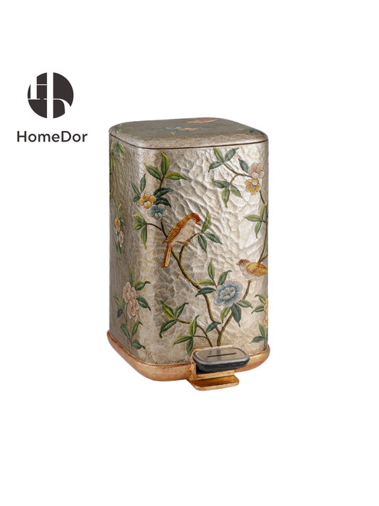 HomeDor × FH&Home | Chinoiserie Luxury Silver Foil Crackle Texture Accent Trash Bin
