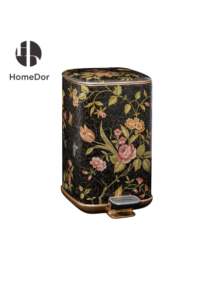 HomeDor Elegant Black Crackle Hand-Painted Floral Accent Trash Bin