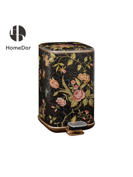HomeDor × FH&Home | Elegant Black Crackle Hand-Painted Floral Accent Trash Bin