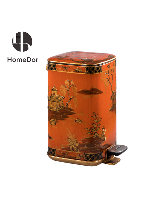HomeDor × FH&Home | Chinoiserie Hand Painted Orange Scenic  Accent Trash Bin