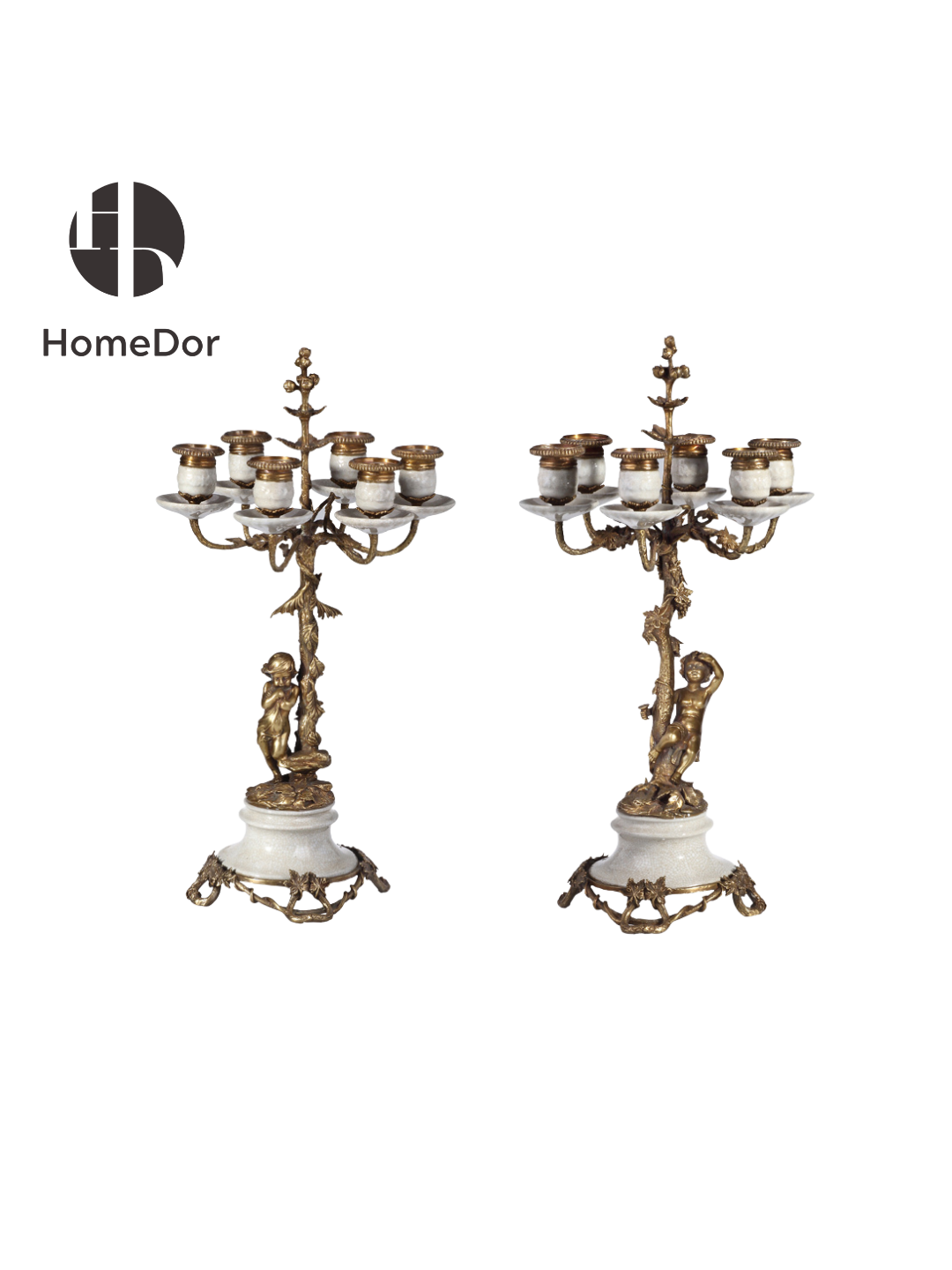 HomeDor × FH&Home | Luxury Decorative Cherub 6-Arm White Candelabra Pair