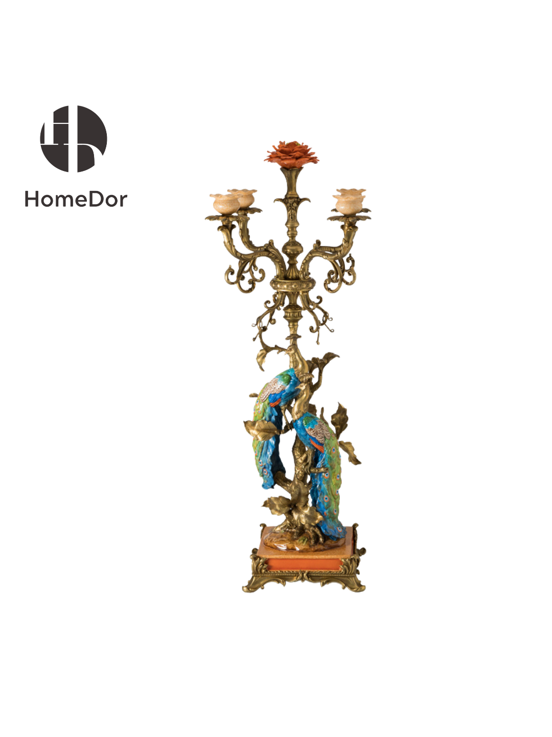 Artistic Ceramics Peacock Brass Candle Holder featuring brass carving and European palace style details. Perfect for luxury home decor, classical living rooms, and villa interiors.