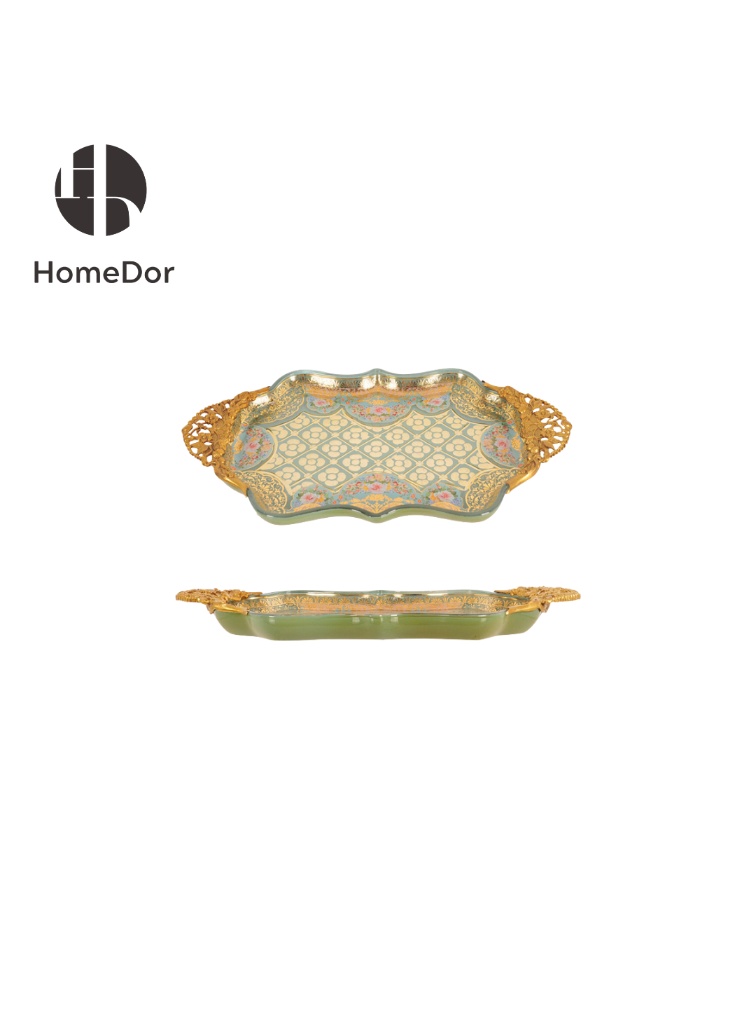 HomeDor × FH&Home | Mint Green Baroque Copper-Cast Glass Engraved Table Decor Set