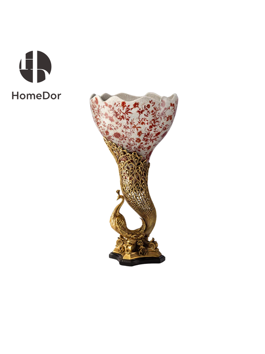 HomeDor × FH&Home | Elegant Red & Pale Blue Peacock Base Display Vase
