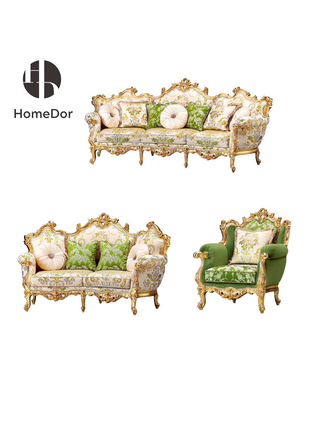 HomeDor × FH&Home | Romantic Rococo Soft Green Pastoral Floral Sofa Set