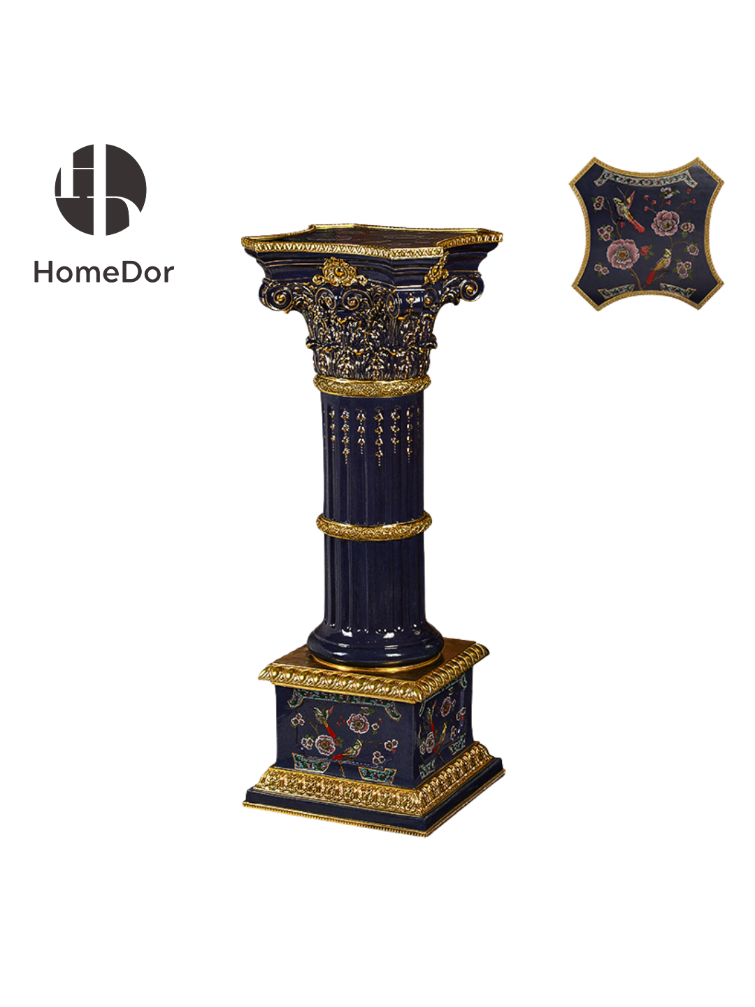 HomeDor × FH&Home | Ornate Blue-Gold Accent Roman Column Floral Pedestal