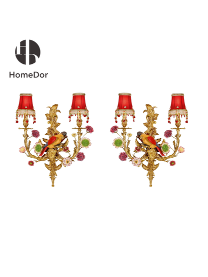 HomeDor Opulent Porcelain Parrot Floral Gilded Red Wall Lamp