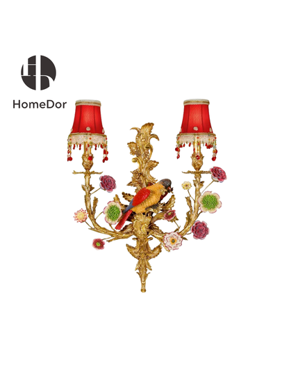HomeDor Opulent Porcelain Parrot Floral Gilded Red Wall Lamp