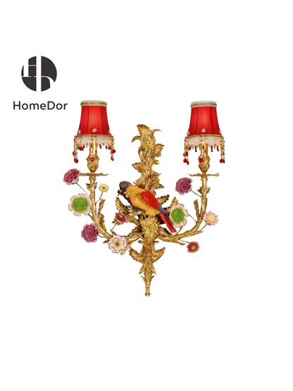 HomeDor Opulent Porcelain Parrot Floral Gilded Red Wall Lamp