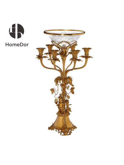 HomeDor Luxury Gold Cherub Candelabra with Crystal Fruit Bowl