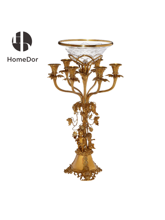 HomeDor Luxury Gold Cherub Candelabra with Crystal Fruit Bowl