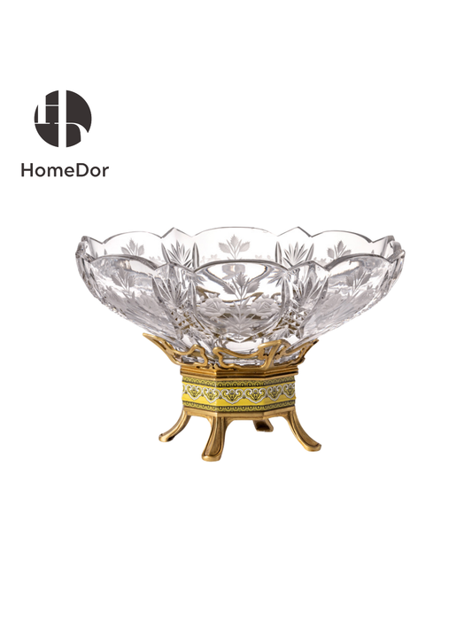 HomeDor Exquisite Petal-Edge Crystal Tazza with Gilded Yellow Base