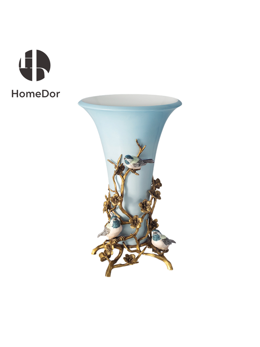 HomeDor Sophisticated Blue Porcelain Tit & Plum Branch Decor Vase