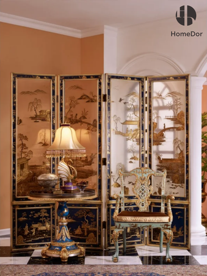 HomeDor × FH&amp;Home | Biombo chinoiserie de 4 paneles lacado en dorado con motivos paisajísticos