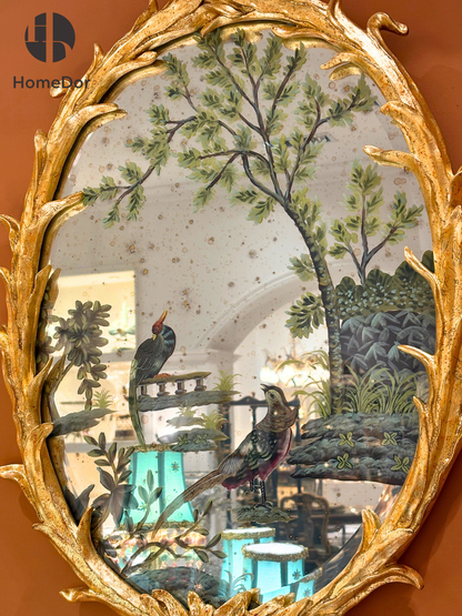 HomeDor - Juego de espejo decorativo de pared con diseño de pájaro chinoiserie con marco dorado adornado