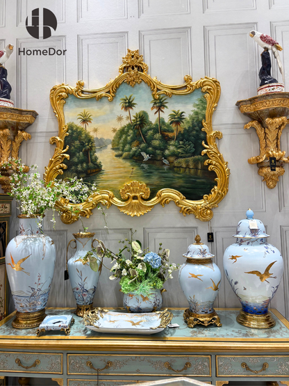 HomeDor × FH&amp;Home | Elegante juego de mesa de porcelana europea con motivos de grullas doradas