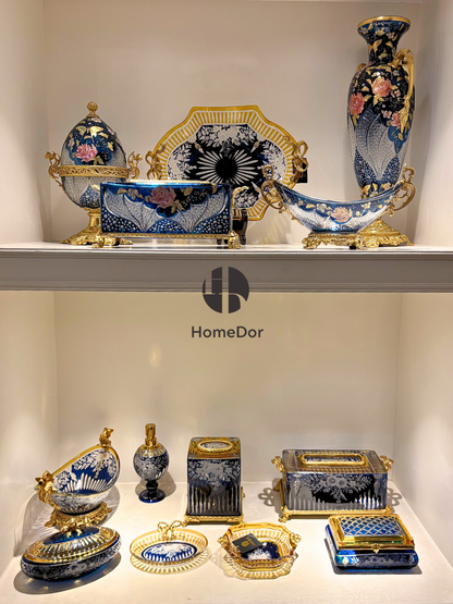 HomeDor Aurora Glass Cobalt Blue Etched Floral Table Decor Set