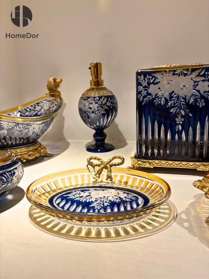 HomeDor Aurora Glass Cobalt Blue Etched Floral Table Decor Set