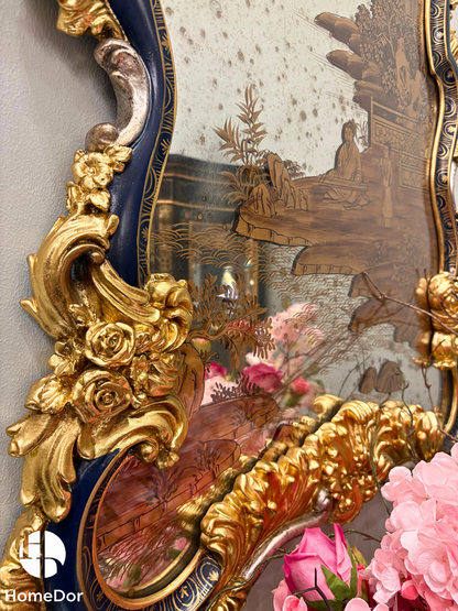 Decoración de pared con marco dorado y espejo de lujo HomeDor inspirado en chinoiserie