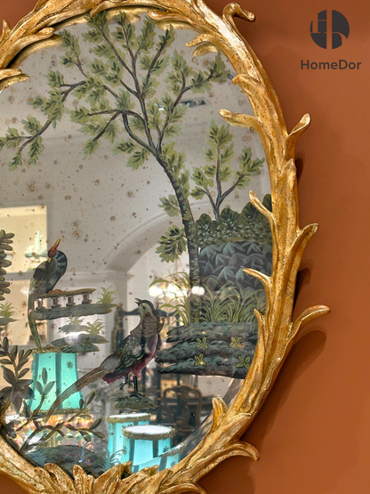 HomeDor - Juego de espejo decorativo de pared con diseño de pájaro chinoiserie con marco dorado adornado