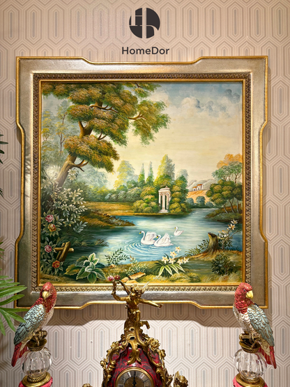 لوحة جدارية من هوم دور تصور منظر بحيرة هادئة بإطار نحاسي الحواف