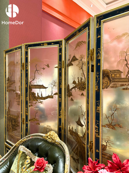 HomeDor × FH&amp;Home | Biombo chinoiserie de 4 paneles lacado en dorado con motivos paisajísticos