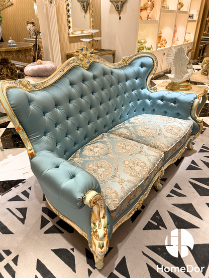 HomeDor Floral Collection Corolla Carved Mahogany Silky Blue Sofa
